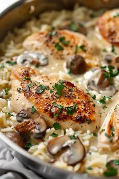 chicken and mushroom riso with rice in a skillet