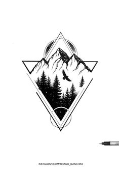 the mountains and trees are depicted in this triangle with a bird flying over them,