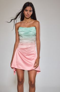 A structured corset bodice lends elevates style to this strapless minidress made from lustrous satin and covered in a dreamy ombré design. 28" length (size medium) Hidden back-zip closure Strapless Partially lined 100% polyester Hand wash, line dry Imported Mini Satin Strapless Dress With Ruched Bodice, Pink Strapless Mini Dress With Ruched Bodice, Pink Satin Mini Dress With Ruched Bodice, Pink Satin Strapless Dress For Prom, Strapless Pink Corset Dress For Summer, Pink Strapless Mini Dress With Fitted Bodice, Pink Strapless Corset Dress For Summer, Spring Strapless Pink Corset Dress, Spring Strapless Satin Dress With Ruched Bodice