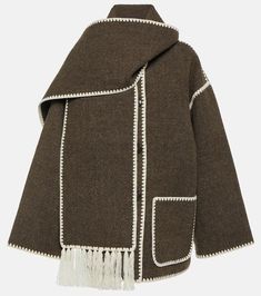 Embroidered wool-blend scarf jacket in brown - Toteme | Mytheresa Toteme Jacket, Scarf Coat, Scarf Jacket, Embroidered Scarf, Embroidered Wool, Tassel Scarf, Winter Cardigan, Wool Blend Jacket, Long Sleeves Coats