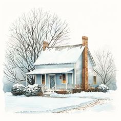 a painting of a house in the snow