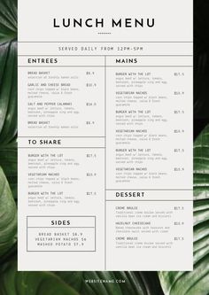 the lunch menu with tropical leaves on it