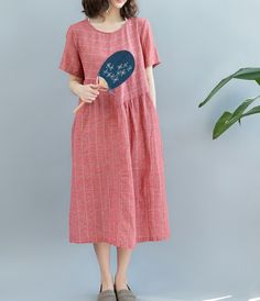 Summer Cotton Linen Spring Women Dresses Loose Cotton Summer Dress, Summer Loose Cotton Dress, Casual Free Size Cotton Dresses, Casual Loose Free Size Dresses, Casual Loose Free-size Dresses, Relaxed Fit Loose Summer Dresses, Comfortable Relaxed Fit Dress With Short Sleeves, Red Lagenlook Summer Dress, Spring Women