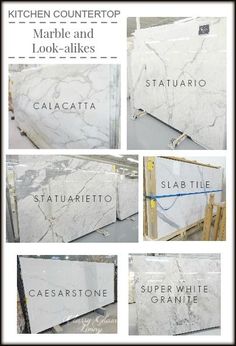 some white marble that is being displayed on a cell phone with the words kitchen counter marble and look alikes