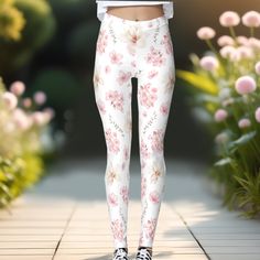 Like the first day of spring after a cold winter. Leggings for women and girls with a watercolor cherry blossom and magnolia floral pattern in pink and white. Add a fresh spring touch to your wardrobe with this stylish spring leggings. - Kate Eden Art Spring Floral Print Stretch Leggings, Fitted Floral Print Leggings For Spring, Spring Printed White Pants, Feminine Floral Print Pants For Spring, White Floral Print Lounge Pants, Floral Print Leggings For Spring Loungewear, Feminine Stretch Floral Print Bottoms, Spring White Floral Print Bottoms, Fitted Floral Print Leggings For Loungewear