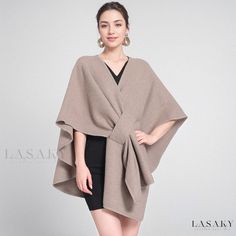 Lasaky - Chic Shawl Cape with Pin Knitted Cardigan Loose Coat Elegant Beige Knit Outerwear, Elegant Non-stretch Winter Outerwear, Elegant Beige Knit Sweater Coat, Elegant Oversized Knitted Outerwear, Chic V-neck Outerwear One Size, Elegant Beige V-neck Sweater Coat, Elegant Beige Wrap For Winter, Elegant Beige Winter Wrap, Elegant Knitted Sweater Coat For Spring