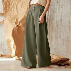 Season:Spring Fall,Summer; Fabric:Faux Linen; Gender:Women's; Style:Fashion; Elasticity:Inelastic; Occasion:Weekend,Casual; Details:Without Lining; Fit Type:Loose Fit; Function:Comfort; Waistline:Mid Waist; Pattern:Plain; Design:Side Pockets,Wide Leg; Special Size:Normal; Pants Type:Slacks,Baggy,Chinos,Culottes Wide Leg,Pants Trousers; Front page:FF; Listing Date:03/15/2022; Production mode:External procurement; Hips:; Length:; Waist:; Fit US Size:null; Fit UK Size:null; Fit EU Size:null; Pant Fashion Trousers Women, Plus Size Summer Casual, Estilo Hippy, Button Pants, High Waist Wide Leg Pants, Checkered Dress, Loose Trousers, Cooler Look, Wide Leg Linen Pants