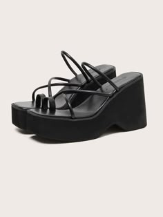 Black Punk Collar   Plain Wedges Slide Sandals Embellished   Women Shoes Platform Thong Sandals, Nike Flip Flops, Toe Ring Designs, Sandals Shein, Dr Shoes, Black Platform Sandals, Black Slippers, Black Platform Heels, Fancy Shoes