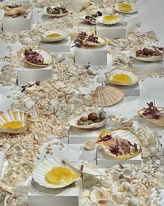 many plates and bowls filled with food on top of a white table covered in shells