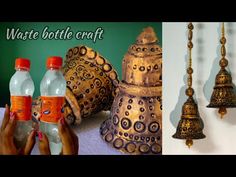 two pictures with different types of bells and bottles