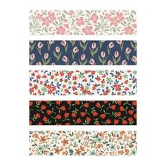 four different floral patterns are shown in the same color and pattern, each with flowers on them