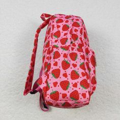 size : 10*13.9*4 inches Strawberry Backpack, Thanksgiving Clothes, Strawberry Hearts, Pink Strawberry, Strawberry Print, Short Sleeve Romper, Collar Tshirt, Pink Backpack, Milk Silk