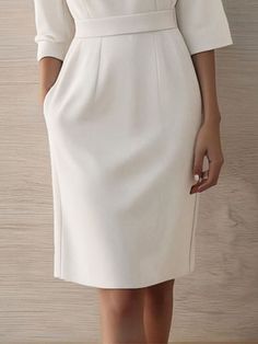 Elegant Plain Boat Neck Regular Fit Dress Elegant Short Sleeve Dresses With Pockets, White Knee-length Midi Dress With Pockets, White Midi Dress With Pockets, Elegant Fitted Dresses With Pockets, Elegant Shift Dress With Pockets, Office Midi Dress With Pockets, Formal White Dress With Pockets, Short Sleeve Workwear Dresses With Pockets, Elegant White Dresses With Pockets