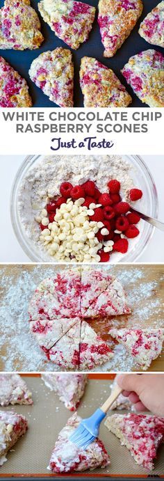 white chocolate chip raspberry scones are cut into squares and put in a bowl