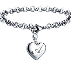 Heart Charm Bracelet Unique Adjustable Heart-Shaped Letter Bracelet, Specially Created For Women. The Heart Symbol Is Embellished With A Letter To Make It Truly Eye-Catching. Perfect For Everyday Wear And Other Special Occasions, To Express Your Love Hypoallergenic: Made Of High-Quality Stainless Steel, The Bracelet Will Never Be Oxidized, Colored, Or Dirty, Not Easy To Fade, Reduce Allergies, Will Not Irritate The Skin, And Will Not Be Heavy Made Of High-Quality Stainless Steel, The Bracelet Wi Cute Charm Bracelet, Heart-shaped Stainless Steel Bracelet For Mother's Day, Stainless Steel Heart Charm Jewelry, Adjustable Heart-shaped Stainless Steel Charm Bracelet, Adjustable Heart Shape Stainless Steel Charm Bracelet, Metal Heart Bracelet For Mother's Day, Personalized Metal Heart Bracelets, Mother's Day Heart Bracelet In Metal, Personalized Silver Heart Bracelet In Stainless Steel