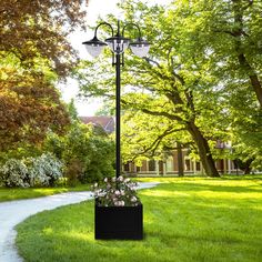 a lamp post in the middle of a park with flowers growing on it's sides