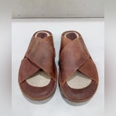 New Without Box /Tags Price Is Firm Msrp $100 Born Brown Leather Sandals- Size 13m Brown Slides With Ortholite Insole And Round Toe, Vintage Slip-on Sandals With Cushioned Footbed, Vintage Leather Slip-on Sandals, Casual Leather Slides With Open Heel, Casual Slides With Leather Sole And Round Toe, Casual Slides With Round Toe And Leather Sole, Vintage Leather Sandals For Vacation, Vintage Leather Sandals For Beach, Vintage Leather Sandals For The Beach