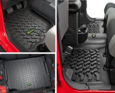 the front and rear seats of a red jeep with its cargo compartment open, showing the floor