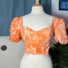 Bright Vacation Orange Padded Bustier Crop Top With Sweetheart Neckline And Puffy Shoulders! High Quality Boutique Product With Back Zip And Hook And Eye Closure, Sewn In Padded Shaped Cups, Elastic Around Sleeves And Sticky Lining On Neckline And Shoulders! Frayed Hem And Tie Dye Pattern. Unique Piece For Any Wardrobe. Nwot. Measures 14.5” Across Hem Laid Flat Tie Dye Pattern, Floral Tunic, Women Tunic Tops, Cropped Tube Top, Bustier Top, Tie Dye Patterns, Wrap Blouse, Fitted Skirt, Polo Dress