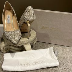 Only Worn Once! Basically Brand New Jimmy Choo White, Gold, Silver Infinity Glitter Fabric Heels. Gorgeous Sparkle To Them. Comes With Original Box Luxury Sequined High Heels, Luxury Glitter Heels For Wedding, Luxury Glitter Heels With Round Toe, Elegant Closed-toe Shimmer Heels, Luxury Glitter Accented Heels For Gala, Elegant Shimmer Closed Toe Heels, Luxury Glitter Heels For Cocktail, Luxury Glitter Heels For Event, Luxury Sequined Heels For Wedding