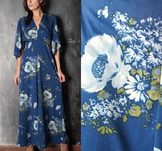 "Vintage 70s blue floral bohemian dress with kimono sleeves. Summer maxi dress. Label: H&M Hennes Mauritz Made in Stockholm Fabric: 100% Polyester Measurements: Bust: 37\" (94 cm) Waist: 29.9\" (76 cm) Sleeve till neck: 19.7\" (50 cm) Shoulders: 14.2\" (36 cm) Length: 57\" (145 cm) Great condition If you want to purchase more items, write message. I will make special price and delivery. Fast courier delivery. Please, provide your mobile number in a note to seller."