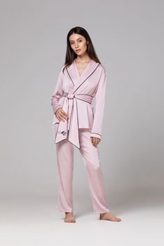 Pajama Set With Long Sleeve Shirt and Pants ABOUT ITEM : A perfect combination of comfort and style! They are designed to be have the comfy fit of loungewear without sacrificing appearance. It is hard not to look classy wearing satin sleep ware and the silky-smooth feel feels amazing on the skin.  SIZES : If your measurements do not match to our size guide please write to us and our workshop will carry out your measurement on order at no additional cost. Careful! Custom products are not returned! If you have already ordered any of our products and found that you have chosen the wrong measure we can modify it for a fee! FABRIC: 40% Viscoze, 58% Poly, 2% Elastane. Machine Wash. Machine Wash. SHIPPING :  Regular shipping ( 3-6 weeks ) Express shipping ( 1-3 business days ) NOTE: Our products Elegant Pink Loungewear Set, Elegant Pink Sleepwear For Pajama Party, Elegant Pink Gift Sets, Sleep Ware, Pregnant Bridesmaid, Bridesmaid Pajama, Bridesmaid Pajama Set, Pajamas Christmas, Bridesmaid Pyjamas