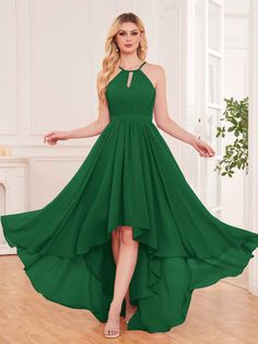 #color_Emerald Green Chiffon Halter Neck Evening Dress, Sleeveless Green Halter Dress For Wedding, Green Sleeveless Halter Dress For Wedding, Sleeveless Green Chiffon Dress For Prom, Sleeveless Green Chiffon Prom Dress, Green Sleeveless Chiffon Prom Dress, Sleeveless Green Chiffon Bridesmaid Dress, Flowy Sleeveless Evening Bridesmaid Dress, Chiffon Halter Neck Dress For Prom