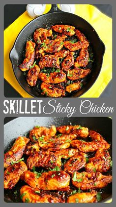 the skillet is filled with chicken wings and garnished with cilantro