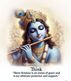 there is an image of hindu god playing the flute with his eyes closed and words on it