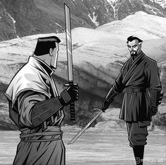 two men standing next to each other with swords in their hands and mountains in the background