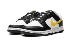 The Nike Dunk Low “Black/Opti Yellow” is a colorway of the classic basketball and lifestyle shoe with an easy-to-wear look.  Released back in 1985, the Dunk has transcended its basketball roots to become one of the most popular casual sneakers on the planet.  As for the “Black/Opti Yellow” colorway, the upper has a white leather base and black leather overlay panels.  An Opti Yellow leather Swoosh appears on both sides.  More yellow accenting is seen on the “Nike” embroidery on the heel and on t Black And Yellow Sneakers, Black And Yellow Shoes, Back In 1985, Fire Shoes, Luxury Stuff, Nike Embroidery, Pretty Sneakers, Sneakers Jordans, Black Nike Shoes