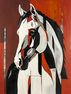 a painting of a horse with black, white and red stripes on it's face