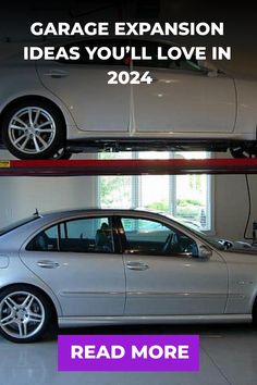 two cars parked in a garage with the words garage extension ideas you'll love in 2054 read more