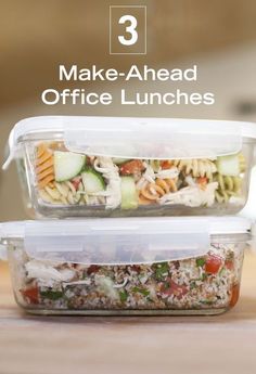 two plastic containers filled with food sitting on top of a wooden table next to the words make - ahead office lunches