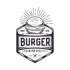 burger logo design with sunburst on the top and grilling tongs in the bottom