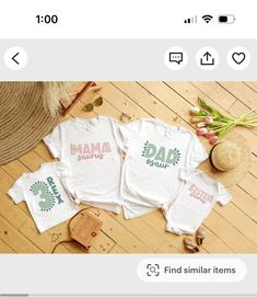 three t - shirts with the words mama and baby on them sitting next to a straw hat