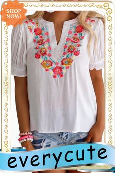 White Floral Embroidered Ruffled Puff Sleeve Blouse Summer Embroidered V-neck Peasant Top, Bohemian Puff Sleeve Summer Tops, Bohemian Summer Top With Puff Sleeves, Summer Bohemian Top With Puff Sleeves, Summer Embroidered Feminine Blouse, Feminine Embroidered Summer Blouse, Summer Feminine Embroidered Blouse, Floral Embroidered Short Sleeve Tops For Brunch, White Embroidered Top For Summer Brunch