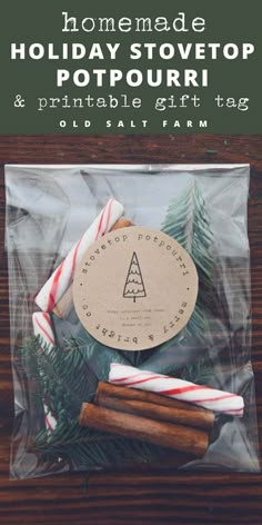 homemade holiday stovetop potpouri and printable gift tag with candy canes