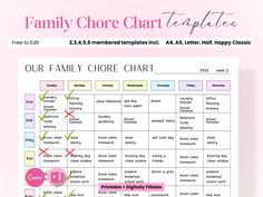 a family chore chart is shown on a pink background