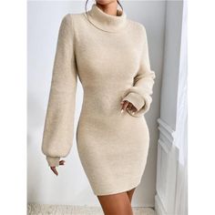 Introducing The Light Beige Sweater Dress, Designed With Elegance In Mind. This Dress Features A High Neckline And Long Bishop Sleeves, Creating A Sophisticated Look. The Natural Waistline And Pencil-Shaped Hem Enhance Its Flattering Short Silhouette. Crafted From Fabric With Slight Stretch, It Offers A Regular Fit That Ensures Both Comfort And Flexibility. Non-Sheer And Stylishly Tailored, This Dress Is Perfect For Adding A Touch Of Refined Chic To Your Wardrobe. Note: Belt Not Included. Beige Mini Sweater Dress, Cream Winter Dress, Beige Turtle Neck Outfit, Realtor Clothes, Turtle Neck Dresses, Realtor Outfits, Hollow Aesthetic, Christmas Outfit Aesthetic, Beige Sweater Dress