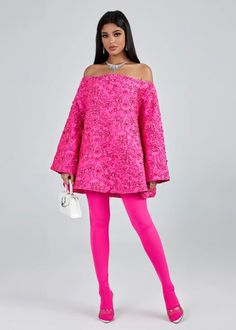 Unleash your inner party diva with our Off Shoulder Jacquard Loose Fitting Dress! This stunning hot pink dress features a flattering off-shoulder design, long loose sleeves, and eye-catching sequin details. The mini length adds a touch of sass, making it the perfect choice for any party. Stand out and feel confident in this stylish and chic dress. Fabric: Non-Stretch Material: Jacquard (Polyester Fiber) Fall Party Mini Dress With Straight Neckline, Glamorous Off Shoulder Mini Dress For Spring, Glamorous Spring Mini Off Shoulder Dress, Pink Off Shoulder Mini Dress For Night Out, Glamorous Long Sleeve Off Shoulder Evening Dress, Pink Off Shoulder Dress For Spring Evening, Pink Off-shoulder Dress For Night Out, Fall Party Dress With Straight Neckline, Spring Evening Off-shoulder Dress