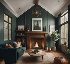 a living room filled with furniture and a fire place in the middle of a room