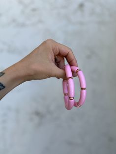 Acrylic Tube Curved Bead Stretch Bracelet Gold Accents Available In 7 Colors OSFM Pink Plastic Bangle Bracelet, Handmade Plastic Bangle Bracelets, Pink Plastic Bangle Jewelry, Adjustable Beaded Pink Bangle, Acrylic Tube, Turquoise Decor, Kimono Duster, Golden Jewelry, Wild Rag