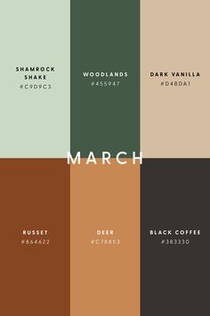 the color scheme for march is shown in several different colors and font options, including black coffee