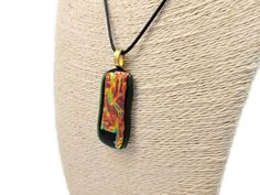 Dichroic Fused Glass Pendant Necklace, Green With Fire Orange, Boho, Hippie Vibe, Woman's Jewelry, Christmas Gift, Sparkle, Casual Wear, Art Fused Glass Pendant Necklace, Fire Orange, Glass Menagerie, Dichroic Pendant, Earthy Jewelry, Hippie Vibes, Fused Glass Pendant, Cameo Jewelry, Purple Necklace