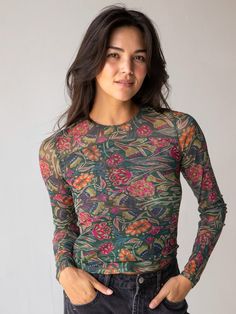 Sloane Mesh Long Sleeve Top - Green Lined Floral-view 1 Affordable Casual Printed Tops, Cheap Patterned Women's Tops, Outfit With Mesh Top, Vintage Long Sleeve Tops, Eclectic Townhouse, Style Roots, Floral Mesh Top, Boho Bandeau, Form Fitting Tops