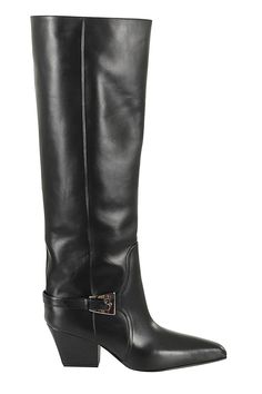 Jane boot - Paris Texas - Black color - Smooth leather upper - Beveled toe design - Strap applique and metal buckle - Knee-high boot height - Square heel - Heel height: 6 cm Buckle Boot, Rodeo Fashion, Paris Texas, Italian Shoes, Croc Leather, Buckle Boots, Gorgeous Bags, Sneaker Wedge, Card Holder Leather