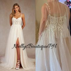 two pictures of the same woman in wedding dresses, one is wearing a white dress with sheer