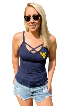 WVU Women's Tank Casual Cross Back Tank Top With Built-in Bra, Summer Cross Back Tank Top With Straps, Fitted Tank Top With Crisscross Straps, Stretch Tank Top With Cross Back Straps, Crisscross Straps Cross Back Tank Top, Fitted Cross Back Top With Crisscross Straps, Fitted Strappy Top With Crisscross Straps, Trendy Fitted Cross Back Top, Stretch Cross Back Top With Straps