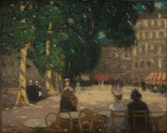 an oil painting of people sitting at tables in the park